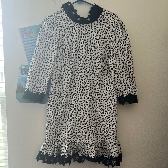 Rebecca Taylor Black and White Patterned Dress with Lace Trim - Picture 1 of 10